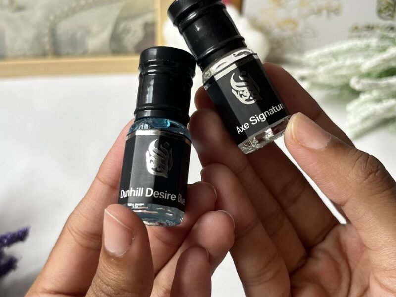 Dunhill Desire Blue and Axe Signature bottles closeup